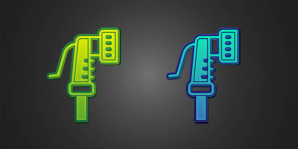 Green and blue Garden hose icon isolated on black background. Spray gun icon. Watering equipment.  Vector
