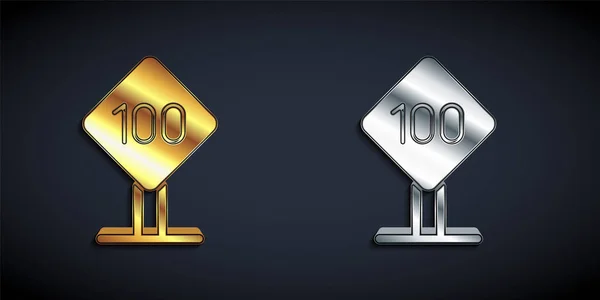 Золотий Срібний Знак Обмеження Швидкості 100 Ізольовано Чорному Тлі Довгий — стоковий вектор