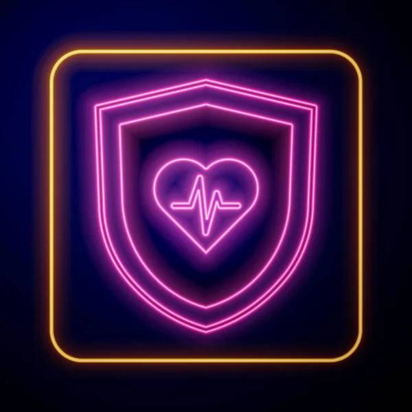 Zářící Neon Životní Pojištění Ikonou Štítu Izolované Černém Pozadí Zabezpečení — Stockový vektor