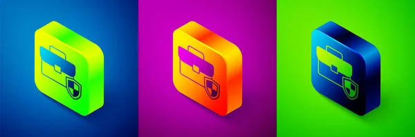 Isometric Briefcase Shield Icon Isolated Blue Purple Green Background Insurance — Image vectorielle