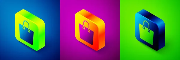 Isometric Paper Shopping Bag Icon Isolated Blue Purple Green Background — Stock Vector