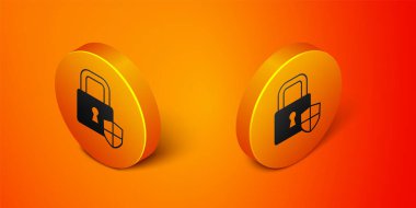 Isometric Shield security with lock icon isolated on orange background. Protection, safety, password security. Firewall access privacy sign. Orange circle button. Vector