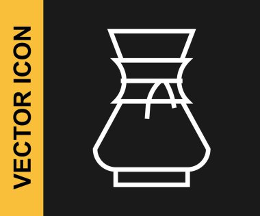 Beyaz çizgi, siyah arka planda izole edilmiş kahve makinesi ikonunun üzerine dökülüyor. Alternatif kahve demleme yöntemleri. Kahve kültürü. Vektör