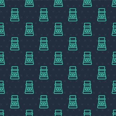 İksir ikonlu yeşil çizgi şişesi mavi arka planda izole edilmiş pürüzsüz desen. Sihirli iksirli matara. Mutlu Cadılar Bayramı Partisi. Vektör