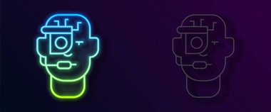 Siyah arkaplanda izole edilmiş gözlük simgesine yerleştirilmiş parlak neon çizgisi. Giyilebilir elektronik, akıllı gözlüklü, kameralı ve ekranlı. Vektör