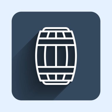 White line Wooden barrel icon isolated with long shadow background. Alcohol barrel, drink container, wooden keg for beer, whiskey, wine. Blue square button. Vector
