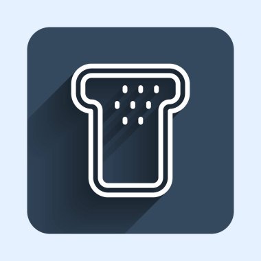 Uzun gölgeli izole edilmiş kızarmış ekmek dilimi için beyaz çizgili ekmek tostu. Öğle yemeği, akşam yemeği, kahvaltı atıştırmalığı. Mavi kare düğme. Vektör