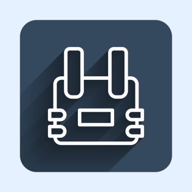 Kurşungeçirmez yelek, uzun gölgeli izole edilmiş kurşun ikonundan korunmak için. Vücut zırhı işareti. Askeri kıyafetler. Mavi kare düğme. Vektör