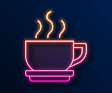 Parlayan neon hattı kahve fincanı simgesi siyah arka planda izole edilmiş. Çay fincanı. Sıcak içecek kahvesi. Vektör