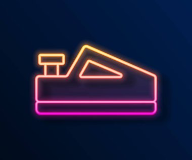 Parlayan neon hattı ahşap uçak aracı ahşap işçilerinin el yapımı ikonu siyah arka planda izole edildi. Ortak düzlem. Vektör