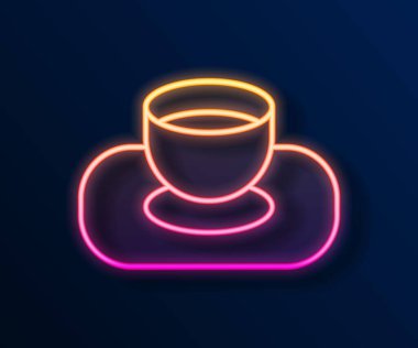 Glowing neon line Soy sauce in bowl icon isolated on black background.  Vector