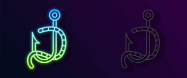 Parlayan neon hattı. Siyah zemin üzerinde balık oltası ve solucan ikonu var. Balık oltası. Vektör