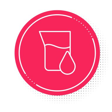 Beyaz çizgili petrol test tüpü beyaz zemin üzerinde izole edilmiş. Komiklik şişesi ve düşen damla. Kırmızı daire düğmesi. Vektör