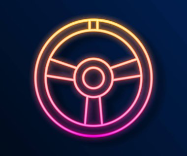 Glowing neon line Racing steering wheel icon isolated on black background. Car wheel icon.  Vector