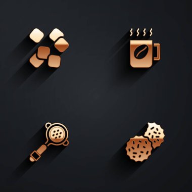 Şeker küpleri, kahve fincanı, filtre tutacağı ve kurabiye ya da uzun gölgeli bisküvi ikonu hazırlayın. Vektör