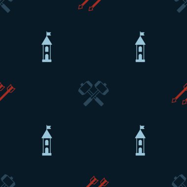 Ortaçağ okları, çapraz savaş çekiçleri ve kale kulesini pürüzsüz bir düzene sokun. Vektör