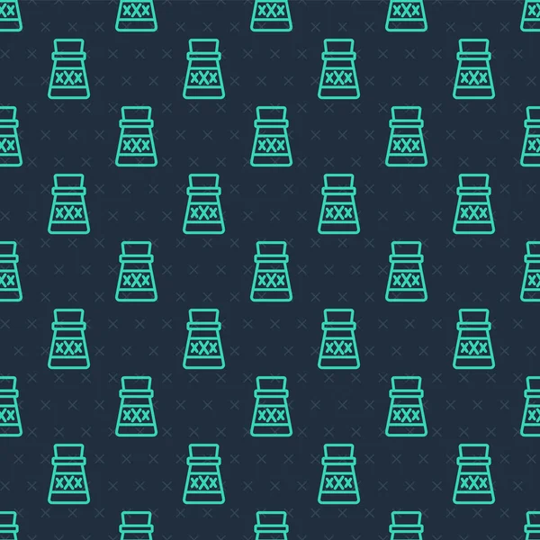 İksir ikonlu yeşil çizgi şişesi mavi arka planda izole edilmiş pürüzsüz desen. Sihirli iksirli matara. Mutlu Cadılar Bayramı Partisi. Vektör