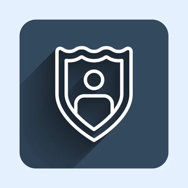 長い影の背景で隔離シールドアイコンとホワイトライン生命保険 セキュリティ 安全性 保護の概念 青い四角形のボタン ベクトル — ストックベクタ