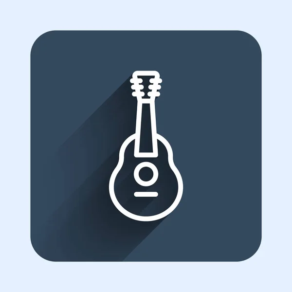 長い影の背景で隔離されたホワイトラインギターアイコン アコースティックギター 弦楽器の演奏 青い四角形のボタン ベクトル — ストックベクタ