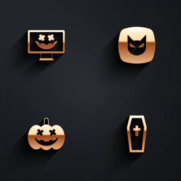 Set Happy Halloween Holiday Black Cat Pumpkin Coffin Christian Cross — Stock Vector
