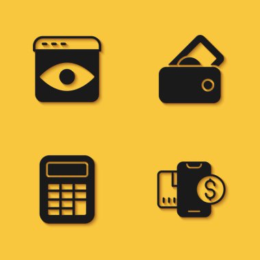 Kişisel bilgi toplama, dolarlı cep telefonu, hesap makinesi ve uzun gölgeli cüzdan para ikonu. Vektör