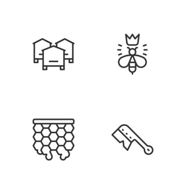 Hattı kurun, arıcılık fırçası, bal peteği, arılar için kovan ve kraliçe ikonu. Vektör