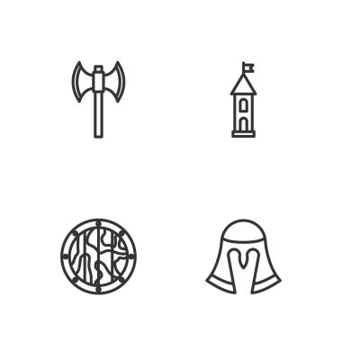 Ortaçağ miğferi, yuvarlak ahşap kalkan, kutup baltası ve kale kulesi ikonu. Vektör