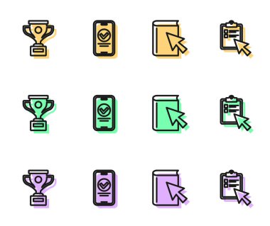 Online kitap, ödül kupası, quiz, test, anket ve ikon ayarla. Vektör