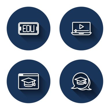 Çevrimiçi eğitim, video oyunu ve uzun gölgeli mezuniyet konuşması balonu ayarla. Mavi daire düğmesi. Vektör