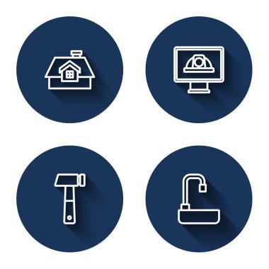 Hat evi, işçi kaskı, çekiç ve uzun gölgeli lavabo. Mavi daire düğmesi. Vektör