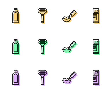 Lip büyütme, şampuan şişesi tıraş bıçağı ve jöle köpük ikonu. Vektör