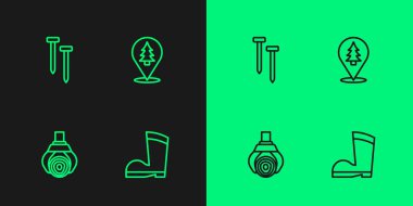 Su geçirmez lastik bot, Grapple vinç tutacağı kütük, metal çiviler ve orman ikonunun yeri. Vektör