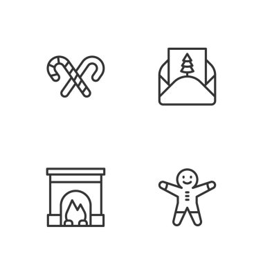 Holiday zencefilli kurabiye, şöminenin içi çizgili baston şeker ve zarf simgesi. Vektör