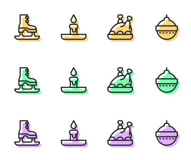 Kızarmış hindi ya da tavuk, patenler, yanan mum ve Noel balosu ikonu. Vektör