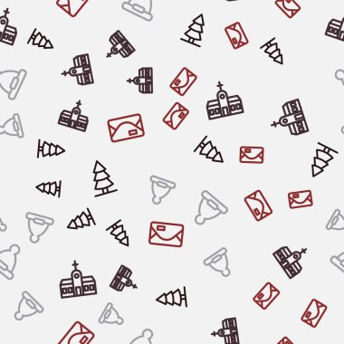 Sabit bir Noel ağacı, kilise binası, Noel Baba şapkası ve kusursuz desenli zarf. Vektör