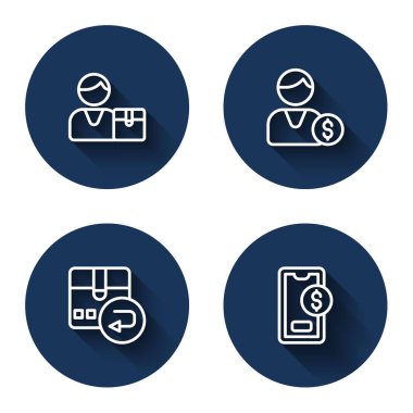 Satın Alıcı, Karton Kutu İade ve Dolarlı Uzun Gölgeli Mobil. Mavi daire düğmesi. Vektör