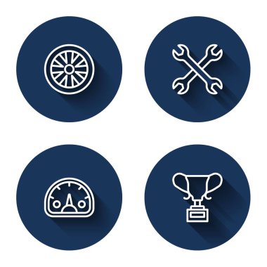 Araba için halat tekerleği, İngiliz anahtarı, hız göstergesi ve uzun gölgeli ödül kupası. Mavi daire düğmesi. Vektör