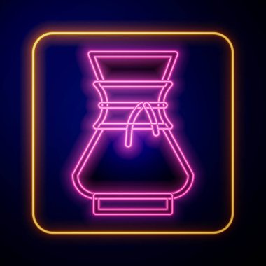 Siyah arka planda izole edilmiş kahve makinesi ikonunun üzerine parlayan neon dökülmesi. Alternatif kahve demleme yöntemleri. Kahve kültürü. Vektör