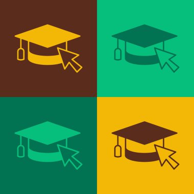 Renk arkaplanında imleç simgesi olan Pop Art Graduation kapağı. Dünya eğitim sembolü. Çevrimiçi öğrenme ya da e-öğrenme kavramı. Vektör
