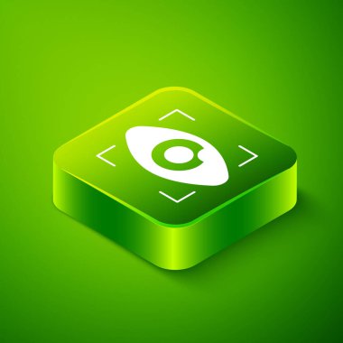 Isometric Big Brother elektronik göz ikonu yeşil arka planda izole edildi. Küresel izleme teknolojisi, bilgisayar sistemleri ve ağ güvenliği. Yeşil kare düğmesi. Vektör