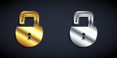 Gold and silver Open padlock icon isolated on black background. Opened lock sign. Cyber security concept. Digital data protection. Long shadow style. Vector