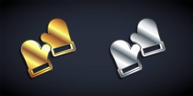 Gold and silver Pair of knitted christmas mittens icon isolated on black background. Mitten icon. Merry Christmas and Happy New Year. Long shadow style. Vector