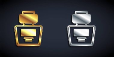 Siyah arkaplanda izole edilmiş altın ve gümüş parfüm ikonu. Uzun gölge tarzı. Vektör