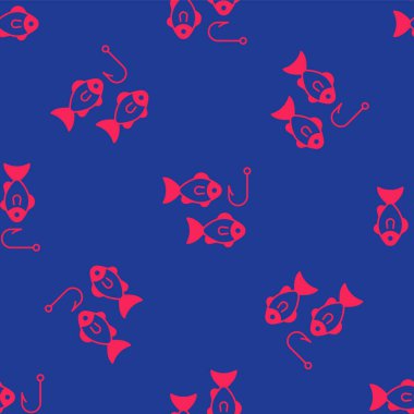 Suyun altında kırmızı balık oltası ve mavi arka planda izole edilmiş balık ikonu var. Balık oltası. Vektör