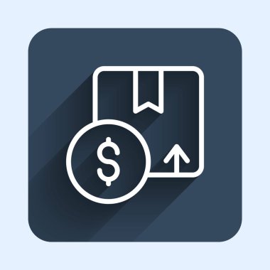 Beyaz çizgi karton kutu simgesi uzun gölge arkaplan izole. Kutu, paket, paket işareti. Teslimat ve ambalaj. Mavi kare düğme. Vektör