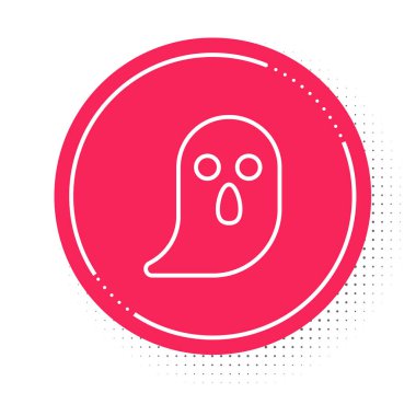 Beyaz çizgi Hayalet simgesi beyaz arkaplanda izole edildi. Mutlu Cadılar Bayramı Partisi. Kırmızı daire düğmesi. Vektör