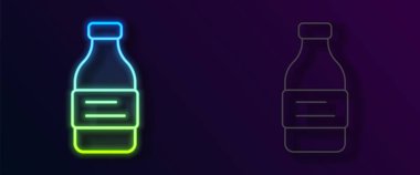 Parlayan neon hattı. Siyah arka planda izole edilmiş bir su ikonu şişesi. Soda su içme tabelası. Vektör