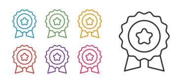 Beyaz arkaplanda izole edilmiş yıldız simgesi ile çizgi madalyasını ayarla. Kazanan sembol. Simgeleri renklendirin. Vektör