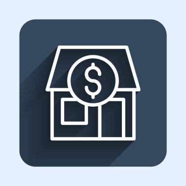 Beyaz çizgili alışveriş binası ya da uzun gölgeli bir pazar simgesi. Dükkan inşaatı. Mavi kare düğme. Vektör