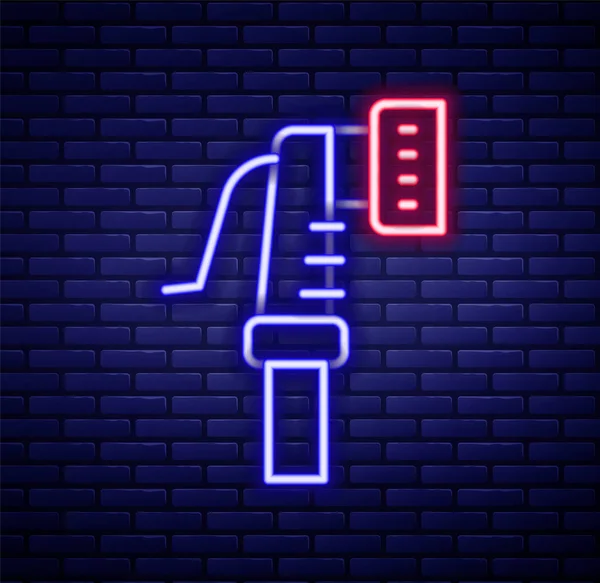 Leuchtende Neon Linie Gartenschlauch Symbol Isoliert Auf Backsteinwand Hintergrund Sprühpistole — Stockvektor
